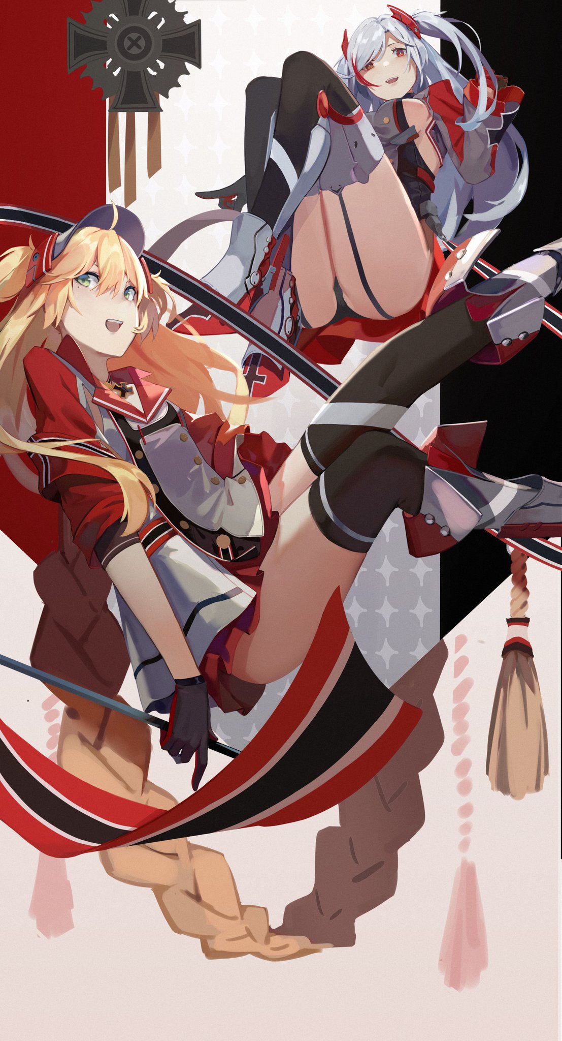 admiral_hipper_(azur_lane) ahoge antenna_hair armband armpit_cutout ass azur_lane bangs blonde_hair blush breasts choker collarbone crossed_legs eyebrows_visible_through_hair flag_background floating garter_straps gloves green_eyes hair_between_eyes hat headgear highres holding iron_cross jacket large_breasts legs_up long_hair looking_at_viewer multicolored_hair multiple_girls nunuan open_mouth pleated_skirt prinz_eugen_(azur_lane) red_hair red_skirt rudder_shoes side_cutout sideboob silver_hair skirt smile streaked_hair thighhighs thighs two_side_up very_long_hair wide_sleeves