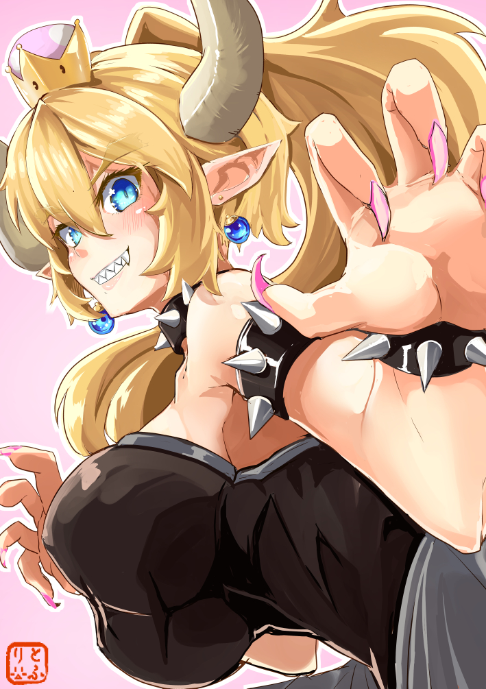 amino_dopple arms_up bare_shoulders black_dress blonde_hair blue_eyes borrowed_character bowsette bracelet breasts choker claw_pose commentary_request crown dress earrings eyebrows_visible_through_hair fangs fingernails grin hair_between_eyes horns huge_breasts impossible_clothes jewelry long_fingernails long_hair mario_(series) nail_polish new_super_mario_bros._u_deluxe pointy_ears ponytail sharp_teeth simple_background smile solo strapless strapless_dress super_crown teeth upper_body