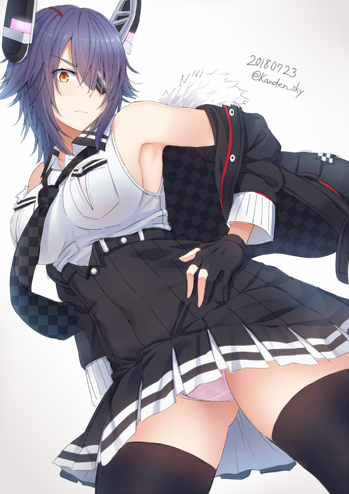 armpits bare_shoulders black_gloves breasts checkered checkered_neckwear commentary_request dated eyebrows_visible_through_hair eyepatch fur_collar gloves hair_ornament hair_over_one_eye hairclip hand_on_hip headgear kanden_suki kantai_collection looking_at_viewer necktie panties pantyshot pantyshot_(standing) partly_fingerless_gloves pink_panties plaid plaid_skirt purple_hair short_hair skirt sleeveless solo standing tenryuu_(kantai_collection) thighhighs twitter_username underwear unmoving_pattern yellow_eyes