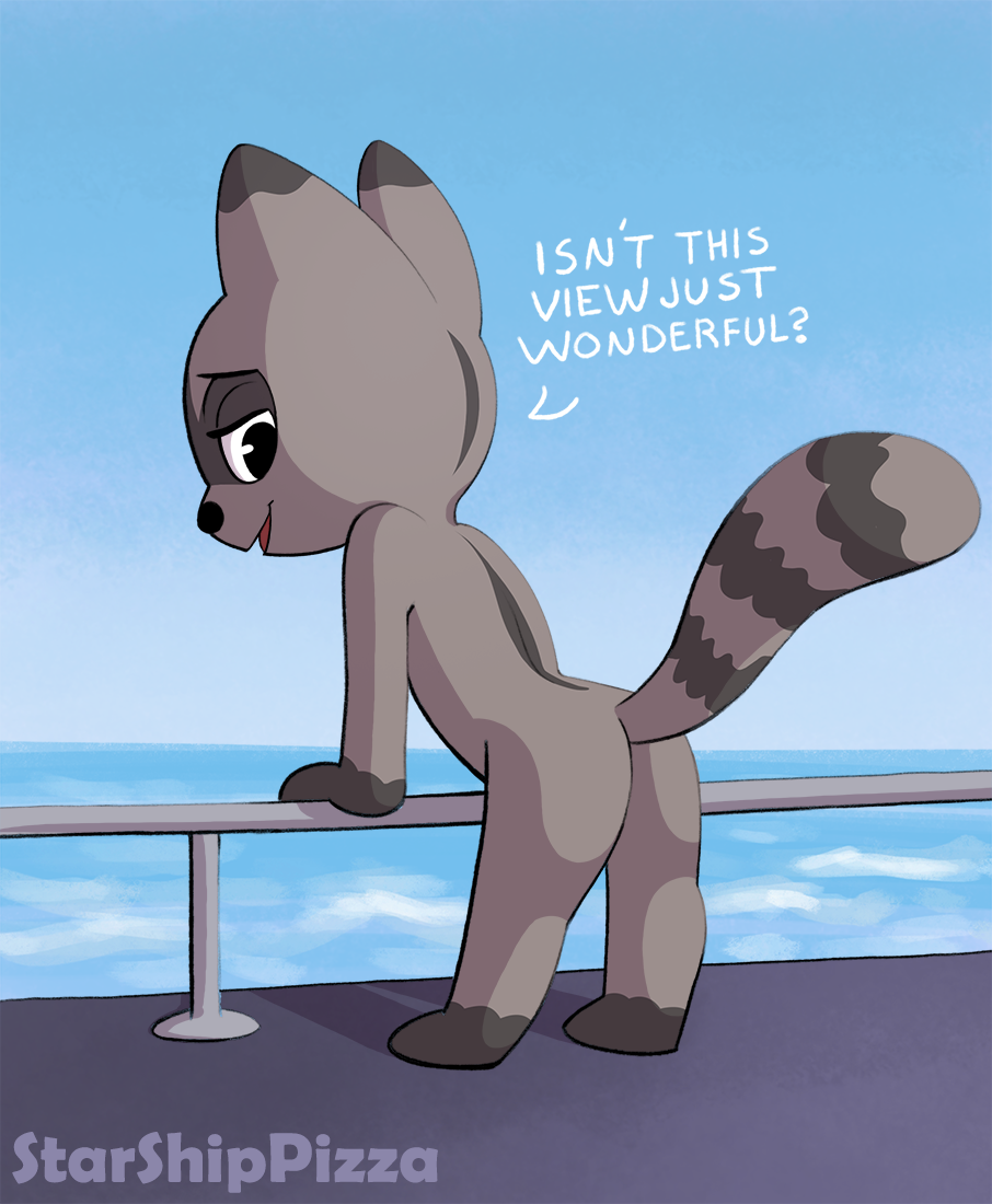 ambiguous_gender anthro black_eyes black_nose bow_tie butt butt_pose english_text fur grey_fur looking_back mammal nude procyonid raccoon sea simple_background starshippizza text water
