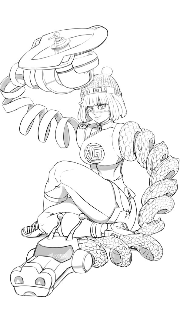 1girl arms_(game) bangs beanie blunt_bangs bob_cut breasts chinese_clothes closed_mouth domino_mask dragon_(arms) facepaint full_body hat hero_(do-belman) knee_up knit_hat leggings legs_crossed legwear_under_shorts looking_at_viewer looking_to_the_side mask min_min_(arms) monochrome ramram_(arms) scales shoes short_hair shorts simple_background smile sneakers solo thighs turtleneck white_background zipper zipper_pull_tab