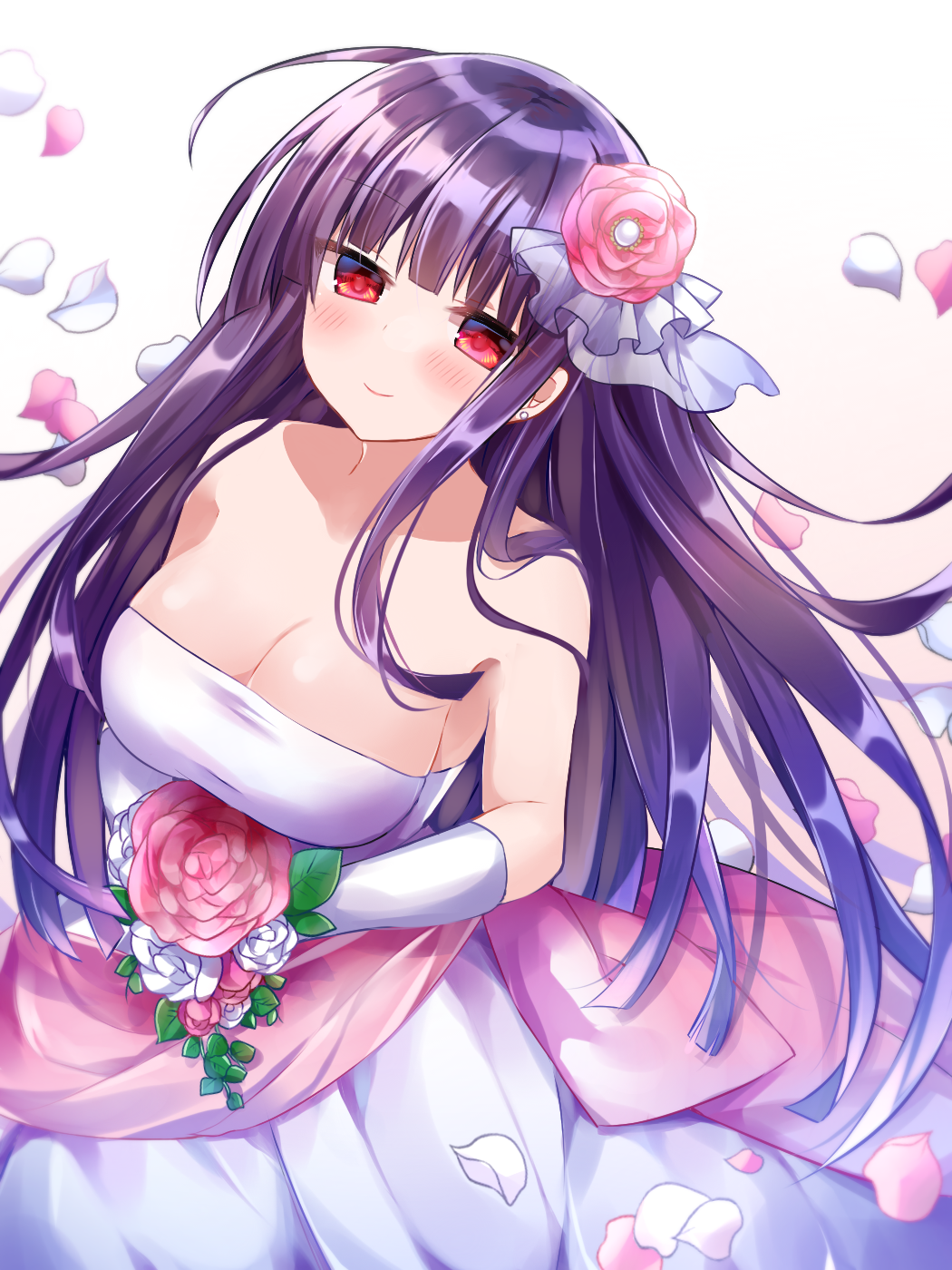 asagami_fujino bangs bare_shoulders blush bouquet breasts bride cleavage closed_mouth commentary_request dress earrings elbow_gloves eyebrows_visible_through_hair flower gloves hair_flower hair_ornament highres holding holding_bouquet jewelry kara_no_kyoukai long_hair looking_at_viewer ohitashi_netsurou petals purple_hair red_eyes shiny shiny_hair simple_background sleeveless sleeveless_dress smile solo strapless strapless_dress wedding_dress white_dress white_gloves