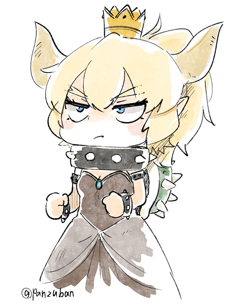 :/ blue_eyes bowsette bracelet chibi clenched_hands collar commentary_request crown dress eyebrows_visible_through_hair fang horns jewelry mario_(series) new_super_mario_bros._u_deluxe panzuban pout simple_background solo spiked_bracelet spiked_collar spikes super_crown turtle_shell twitter_username v-shaped_eyebrows white_background