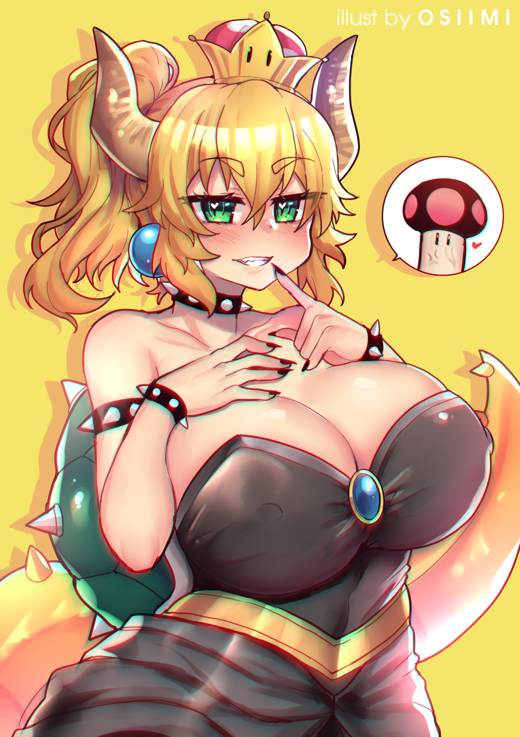 aqua_eyes artist_name bare_shoulders blonde_hair blush borrowed_design bowsette bracelet breast_suppress breasts brooch choker cleavage collar commentary covered_nipples crown dress earrings eyebrows_visible_through_hair fang finger_to_mouth fingernails hair_between_eyes heart heart_in_eye highres horns huge_breasts jewelry long_fingernails looking_at_viewer mario_(series) mushroom nail_polish new_super_mario_bros._u_deluxe osiimi phallic_symbol ponytail sharp_teeth short_hair simple_background slit_pupils smile spiked_armlet spiked_bracelet spiked_choker spiked_shell spiked_tail spikes strapless strapless_dress studded_bracelet studded_collar super_crown super_mario_bros. symbol_in_eye tail teeth thick_eyebrows upper_body veins yellow_background