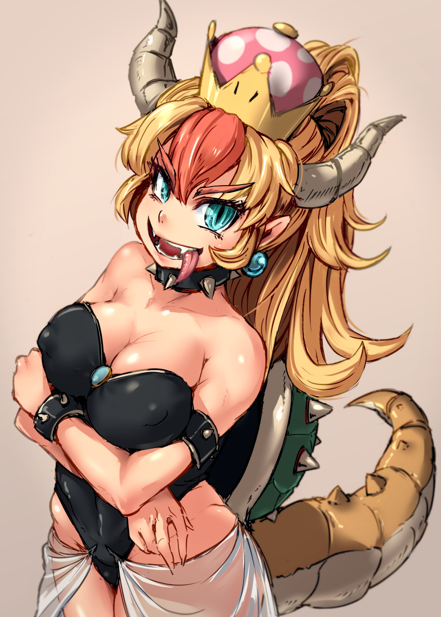 4shi bare_shoulders black_legwear black_leotard blue_eyes borrowed_design bowsette bracelet breasts choker commentary_request covered_nipples crossed_arms crown fangs highleg highleg_leotard highres horns jewelry leotard looking_at_viewer mario_(series) multicolored_hair new_super_mario_bros._u_deluxe open_mouth shell slit_pupils spiked_armlet spiked_bracelet spiked_choker spiked_shell spiked_tail spikes super_crown super_mario_bros. tail tongue tongue_out two-tone_hair