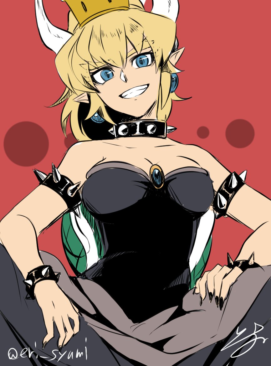 :d bare_shoulders black_dress black_nails blonde_hair blue_eyes bowsette bracelet breasts cleavage collar commentary_request crown dress earrings eyebrows_visible_through_hair fingernails head_tilt horns isuka jewelry large_breasts looking_at_viewer mario_(series) nail_polish new_super_mario_bros._u new_super_mario_bros._u_deluxe open_mouth pointy_ears red_background sitting smile solo spiked_bracelet spiked_collar spikes strapless strapless_dress super_crown twitter_username