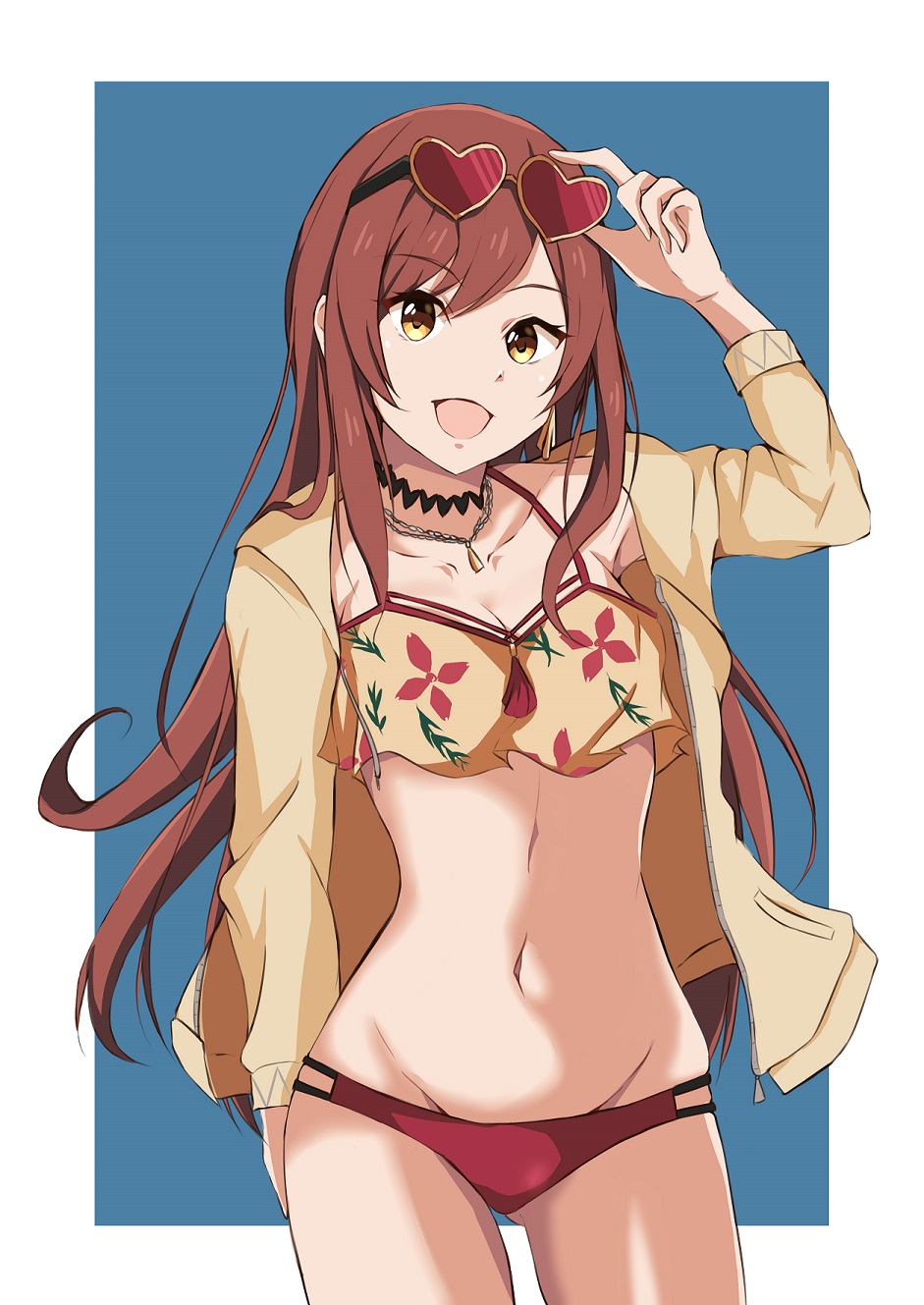 :d ass_visible_through_thighs bangs bikini breasts brown_eyes brown_hair cleavage collarbone cowboy_shot eyebrows_visible_through_hair eyewear_on_head floating_hair floral_print groin heart heart-shaped_eyewear highres idolmaster idolmaster_shiny_colors jacket jewelry long_hair medium_breasts multi-strapped_bikini navel necklace nemo_1988 oosaki_amana open_clothes open_jacket open_mouth print_bikini_top red_bikini_bottom shiny shiny_hair smile solo standing sunglasses swept_bangs swimsuit unzipped very_long_hair yellow_bikini_top yellow_jacket