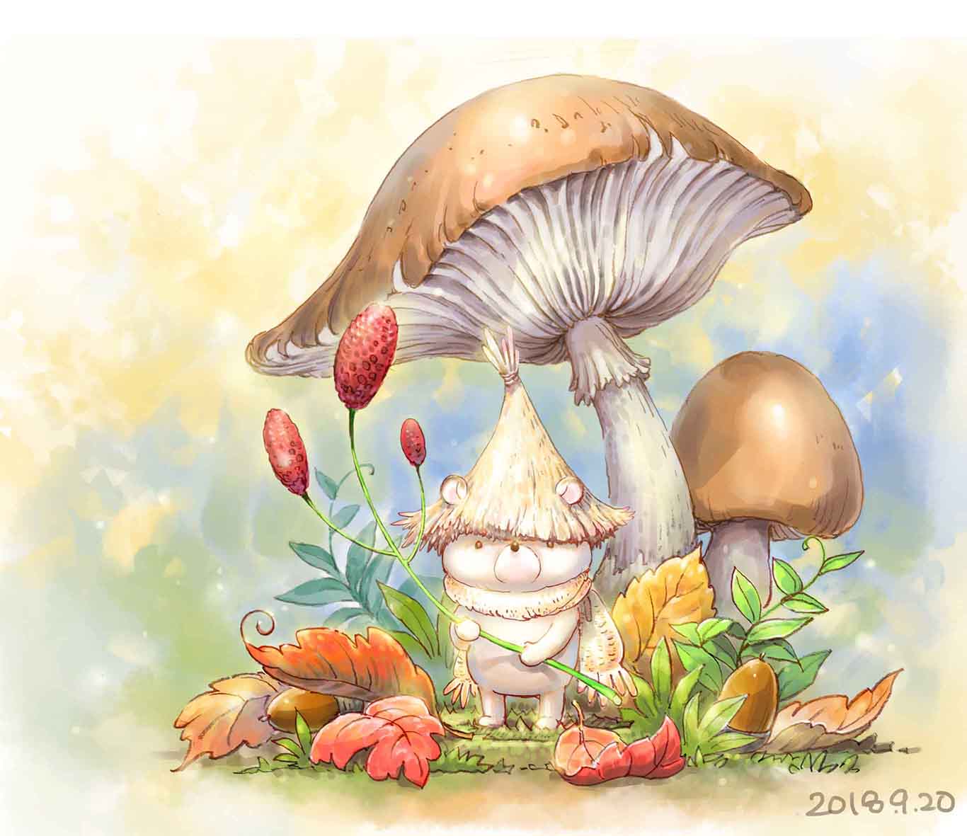 bear commentary_request dated ears_through_headwear flower hat holding looking_at_viewer mushroom nature nezuminezumi no_humans original red_flower scarf scenery standing