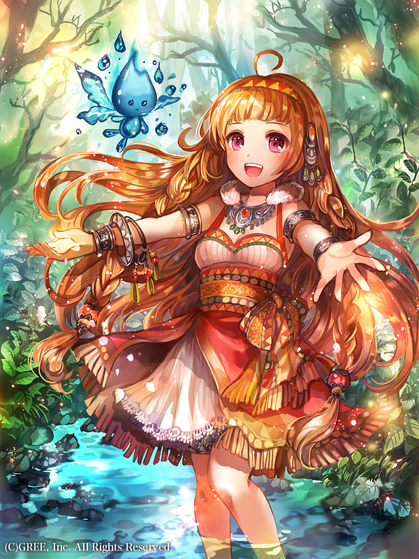 ahoge armlet bracelet breasts choker cleavage day dress floating_hair forest hairband jewelry light_brown_hair long_hair nature official_art outdoors outstretched_arms purple_eyes rioka_(southern_blue_sky) seisen_cerberus short_dress sleeveless sleeveless_dress small_breasts solo very_long_hair wading
