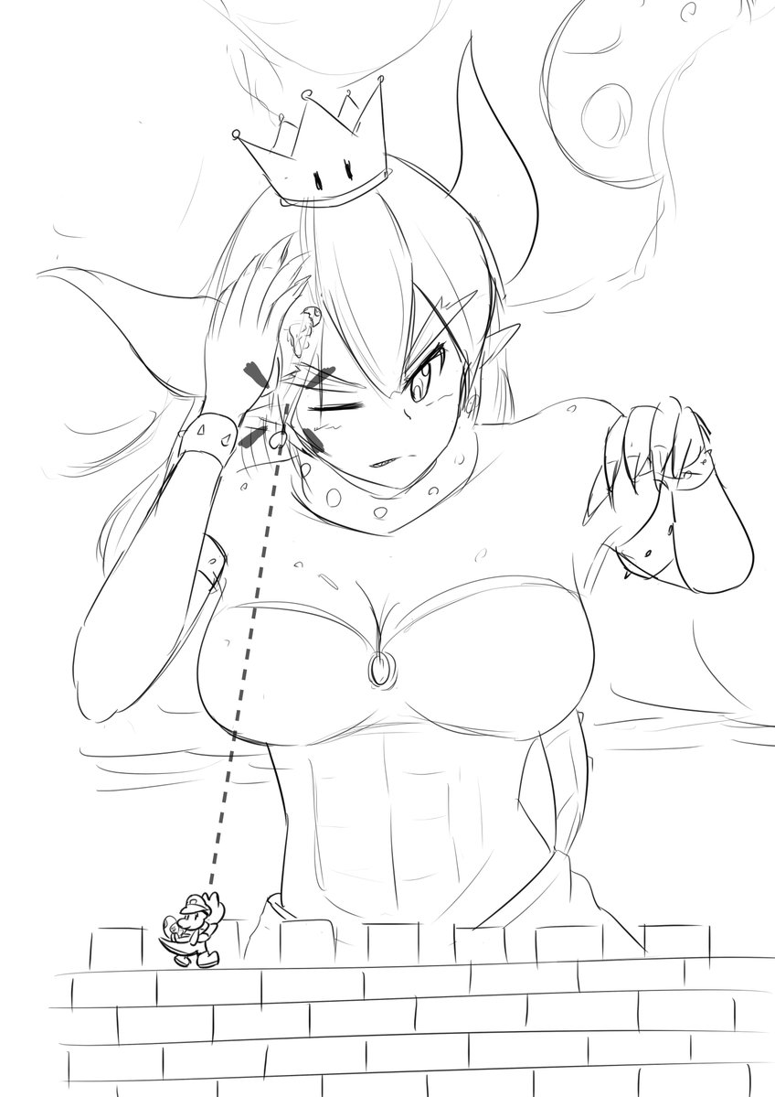 annoyed baby_mario blonde_hair bowser bowsette breasts crown genderswap giantess giga_bowser horns impact large_breasts monochrome size_difference sketch yoshi yoshi's_island