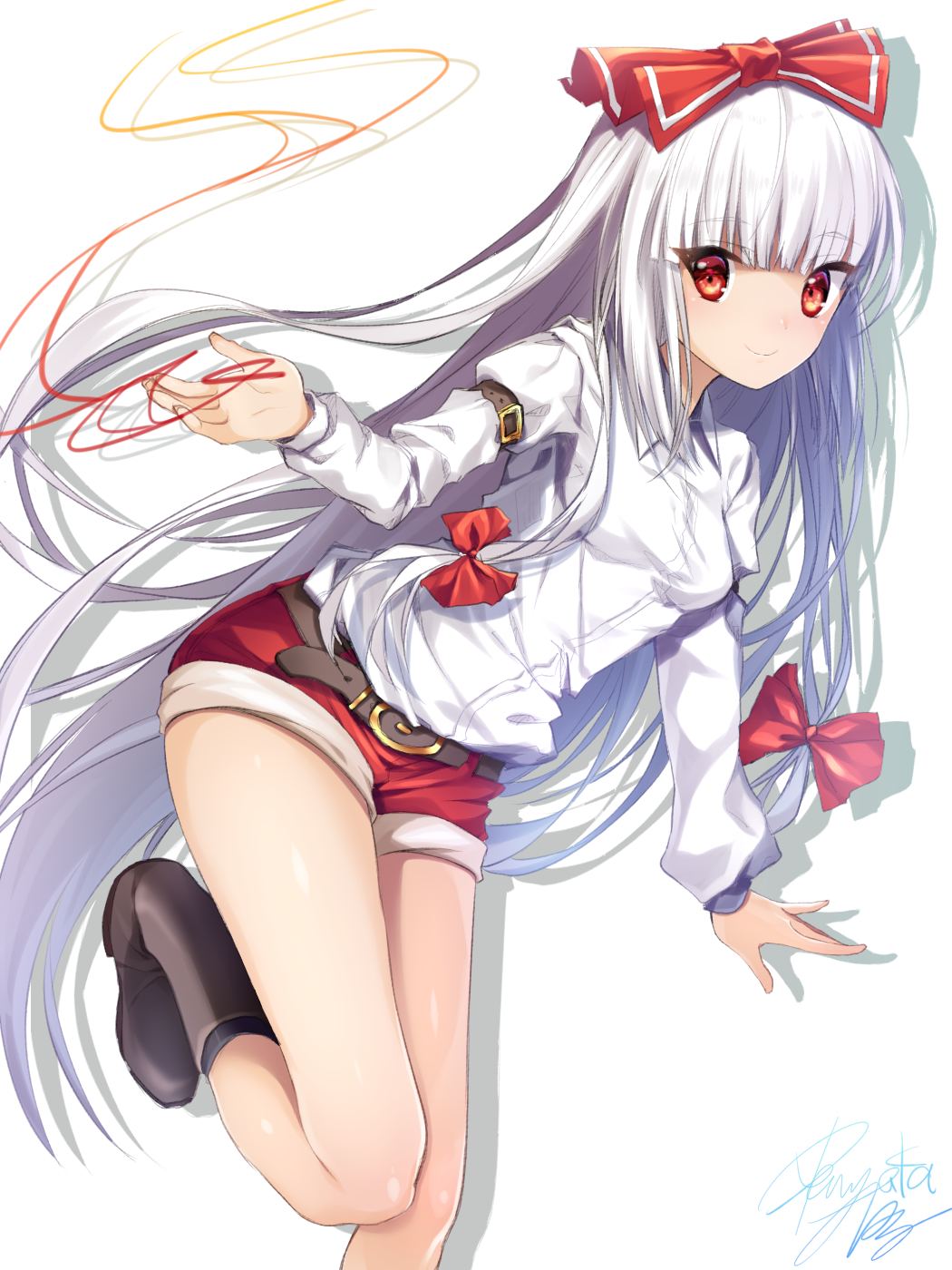 arm_belt bangs belt blunt_bangs boots bow breasts eyebrows_visible_through_hair floating_hair fujiwara_no_mokou hair_bow highres leaning_forward leg_up long_hair looking_at_viewer outstretched_arms red_bow red_eyes red_ribbon red_shorts ribbon sea_scorpion_(umisasori) shiny shiny_skin shirt short_shorts shorts signature silver_hair simple_background small_breasts smile solo standing standing_on_one_leg touhou very_long_hair white_background white_shirt