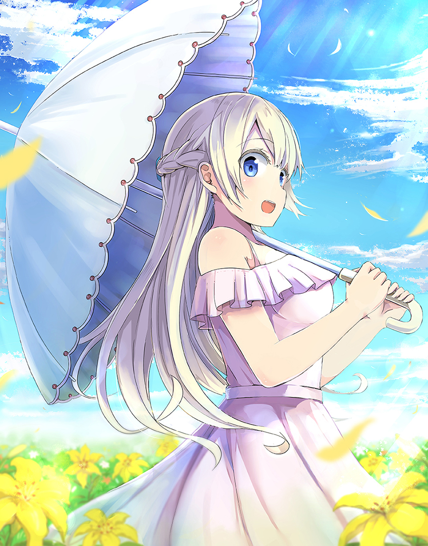 :o arimoto asobi_asobase bare_shoulders blonde_hair blue_eyes blue_sky braid cloud commentary_request crown_braid day dress eyebrows_visible_through_hair field flower flower_field holding holding_umbrella long_hair olivia_(asobi_asobase) outdoors over_shoulder parasol sky solo standing sunlight umbrella white_umbrella yellow_flower