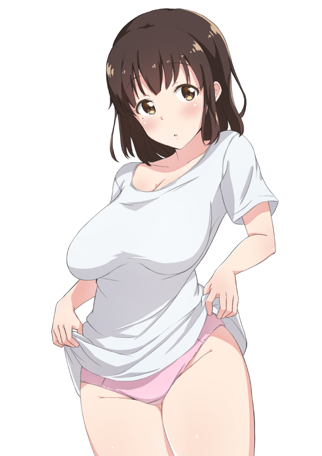 bad_anatomy blush breasts brown_eyes brown_hair cleavage commentary_request large_breasts lifted_by_self medium_hair nakasima-syouta original panties pink_panties shirt short_sleeves solo standing t-shirt underwear white_background white_shirt