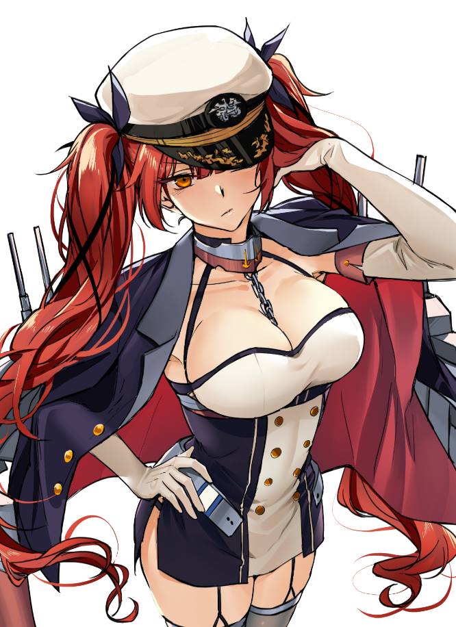 adjusting_hair azur_lane between_breasts breasts chain cleavage collaboration commentary elbow_gloves english_commentary garter_straps gloves hair_ribbon hand_on_hip hat honolulu_(azur_lane) jacket_on_shoulders jun_project large_breasts long_hair military_hat orange_eyes red_hair ribbon sakon04 simple_background solo turret twintails very_long_hair white_background