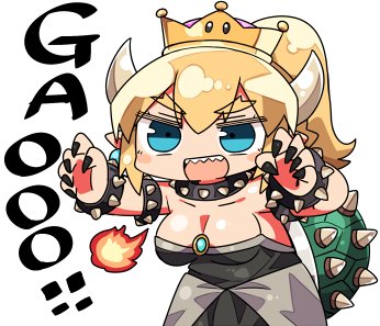 :d bangs bare_shoulders black_collar black_dress black_nails blonde_hair blue_eyes bowsette bracelet breasts breathing_fire chibi claw_pose cleavage collar collarbone crown dress eyebrows_visible_through_hair fingernails fire forked_eyebrows gao hair_between_eyes hands_up horns jewelry kanikama large_breasts leaning_forward long_fingernails long_hair lowres mario_(series) mini_crown nail_polish new_super_mario_bros._u_deluxe open_mouth ponytail sharp_fingernails sharp_teeth simple_background smile solo spiked_armlet spiked_bracelet spiked_collar spiked_shell spikes standing strapless strapless_dress super_crown teeth thick_eyebrows turtle_shell v-shaped_eyebrows white_background