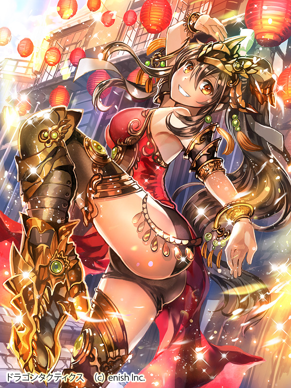arm_up armored_boots black_hair black_legwear black_shorts boots bracelet breasts china_dress chinese_clothes copyright_name day dragon_tactics dress floating_hair from_side grin hair_between_eyes head_tilt jewelry lantern leg_up long_hair medium_breasts official_art orange_eyes outdoors paper_lantern red_dress rioka_(southern_blue_sky) road shiny shiny_hair short_shorts shorts sleeveless sleeveless_dress smile solo sparkle standing standing_on_one_leg street tassel thighhighs twintails very_long_hair