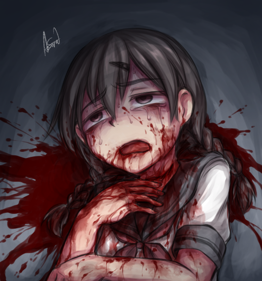 aosora_(mizore) bangs black_hair blood blood_on_face blood_splatter bloody_hair bloody_hands bloody_mouth braid commentary_request dying eyebrows_visible_through_hair grey_background grey_sailor_collar guro hair_between_eyes long_hair low_braid low_twin_braids neckerchief open_mouth original red_neckwear ryona sailor_collar shirt short_sleeves signature solo tears twin_braids upper_body white_shirt