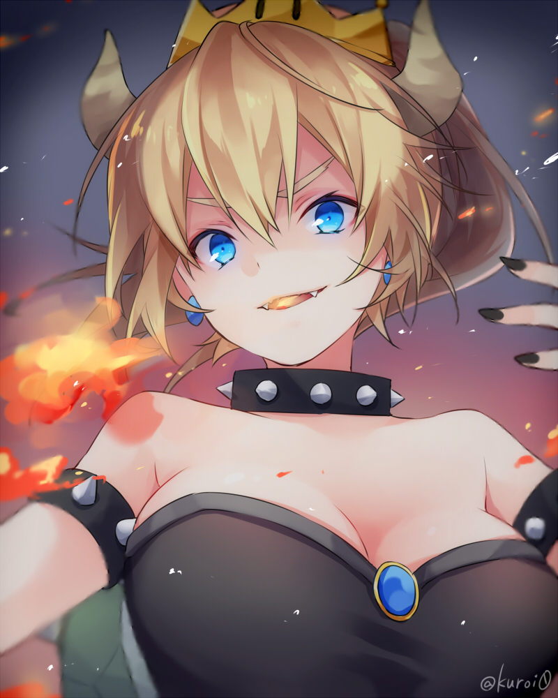 black_dress black_nails blonde_hair blue_eyes blurry blurry_background bowsette bracelet breasts breathing_fire cleavage collar commentary_request crown depth_of_field dress earrings fangs fingernails fire hand_up horns jewelry kuroi_(liar-player) large_breasts looking_at_viewer mario_(series) nail_polish new_super_mario_bros._u_deluxe ponytail smile solo sparks spiked_bracelet spiked_collar spikes super_crown twitter_username upper_body