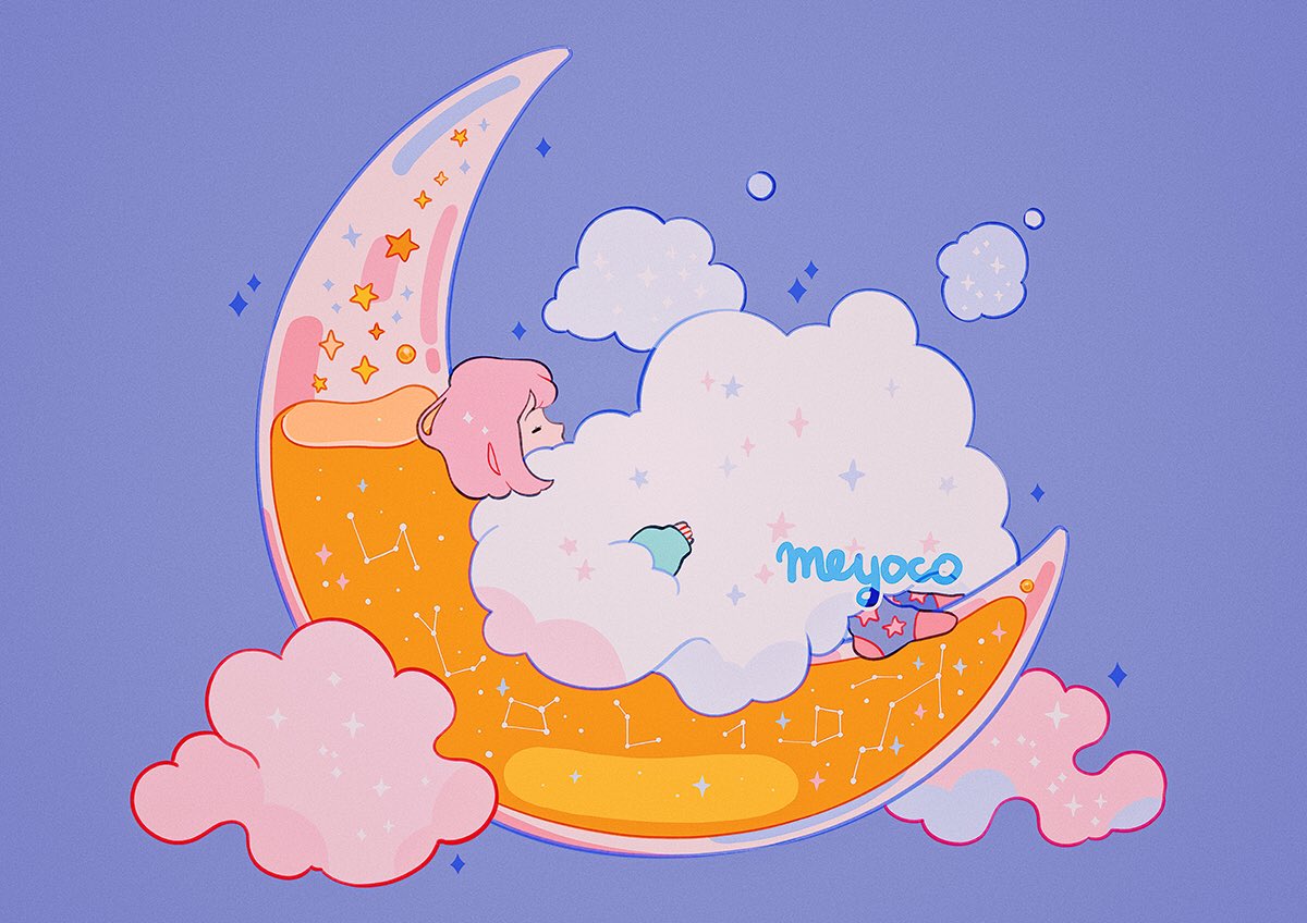 artist_name bangs closed_eyes cloud constellation covered_mouth crescent crescent_moon from_side liquid long_sleeves medium_hair meyoco moon original pink_hair purple_background simple_background sleeping socks solo sparkle star transparent