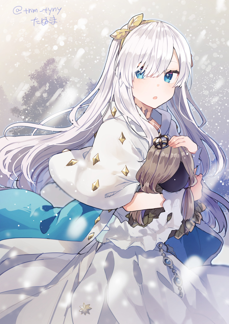 anastasia_(fate/grand_order) bangs blue_eyes cape capelet coat doll dress fate/grand_order fate_(series) hairband holding ikeuchi_tanuma long_dress long_hair looking_at_viewer parted_lips signature silver_hair snow snowing standing twitter_username white_capelet white_dress wristband