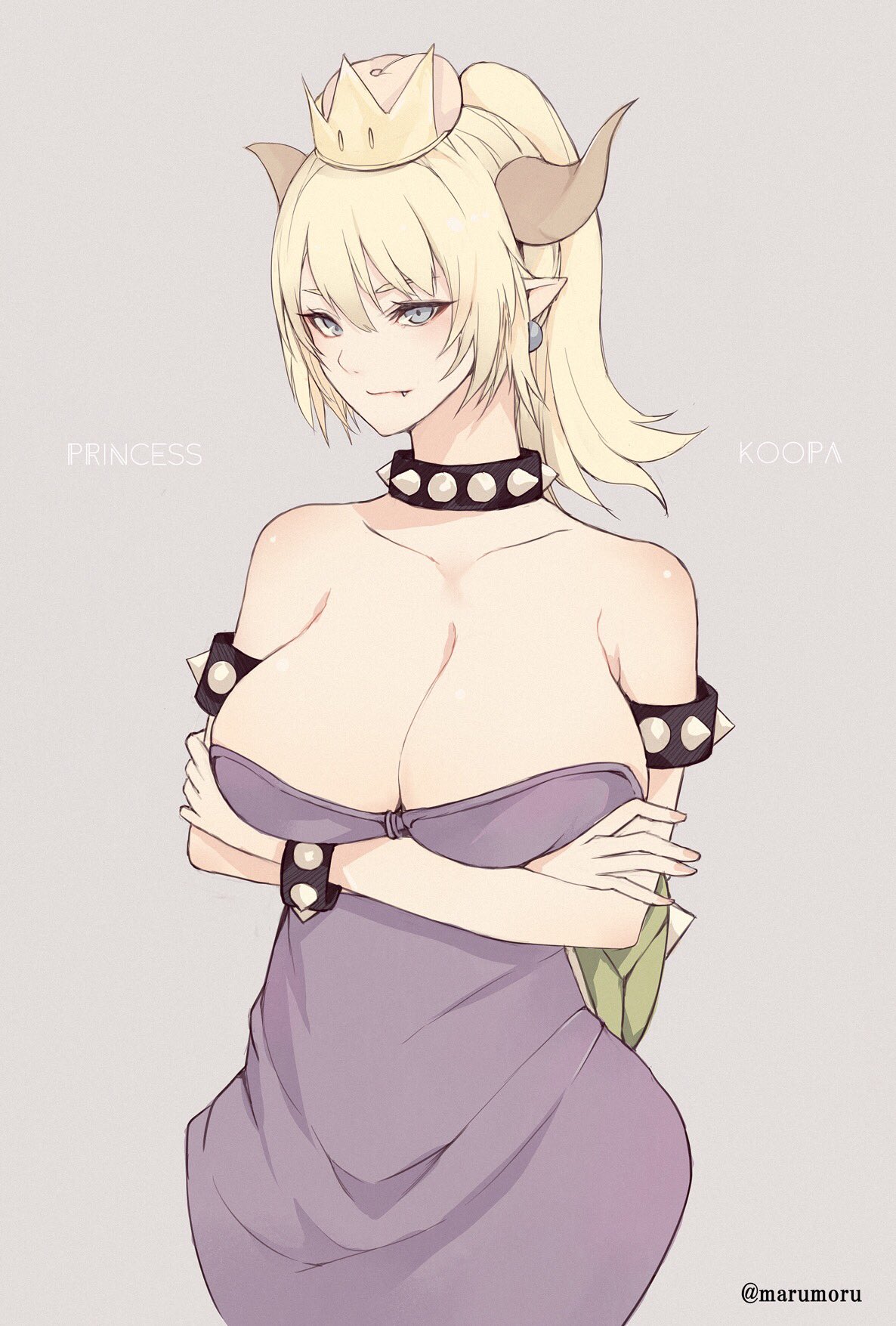 bare_shoulders black_dress blonde_hair blue_eyes bowsette bracelet breasts character_name cleavage closed_mouth collar commentary_request crossed_arms crown dress earrings fang_out grey_background grey_eyes highres horns jewelry large_breasts looking_at_viewer mario_(series) marumoru new_super_mario_bros._u_deluxe pointy_ears ponytail purple_dress simple_background smile solo spiked_bracelet spiked_collar spikes strapless strapless_dress super_crown twitter_username upper_body