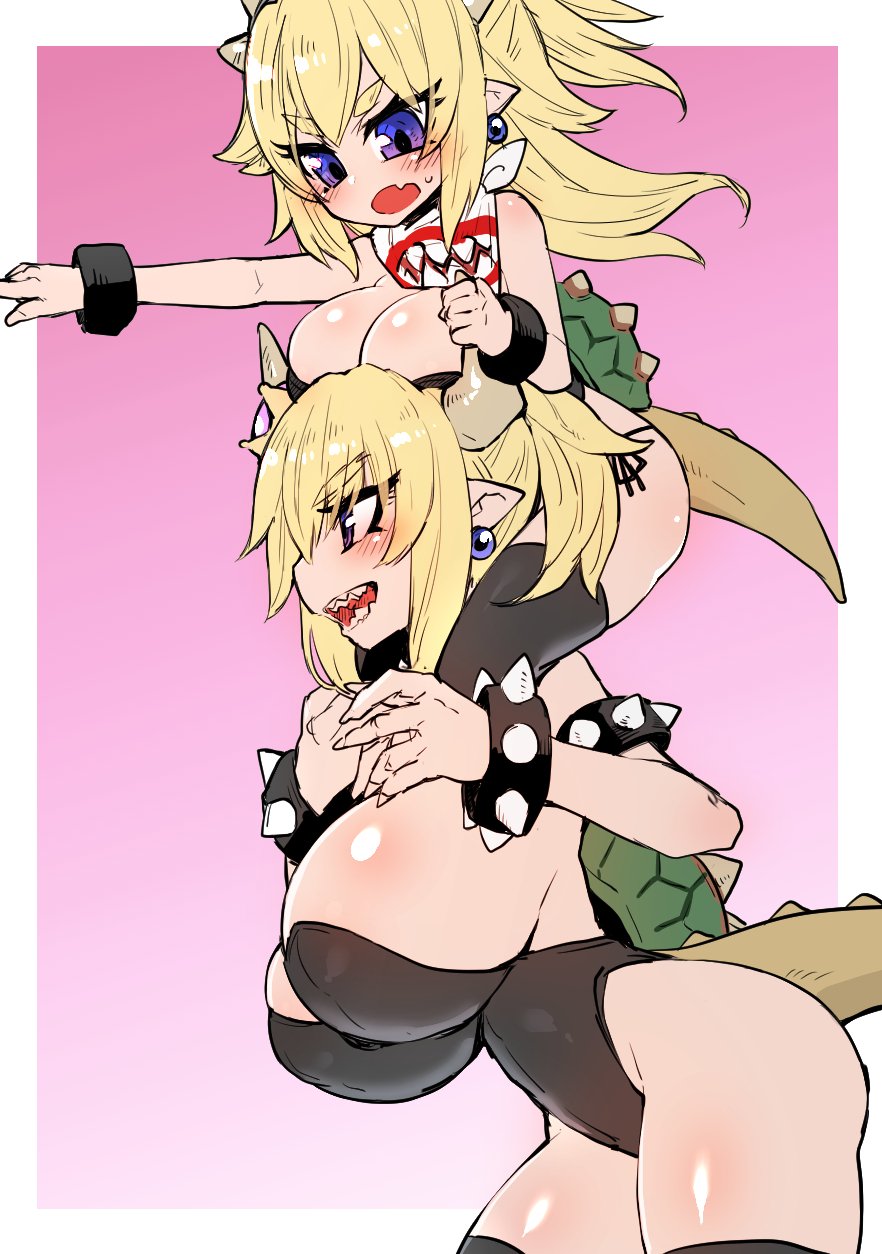 alligator_tail armlet bare_shoulders black_legwear black_leotard blonde_hair blue_eyes borrowed_design bowsette bowsette_jr. bracelet breasts carrying cleavage collar commentary_request crown earrings fang grin highres horns huge_breasts jewelry katuu leotard long_hair mario_(series) mother_and_daughter multiple_girls nail_polish new_super_mario_bros._u_deluxe oppai_loli panties profile riding scarf sharp_teeth shoulder_carry side-tie_panties smile spiked_armlet spiked_bracelet spiked_collar spiked_shell spikes strapless strapless_leotard super_crown super_mario_bros. swimsuit tail teeth thick_eyebrows thighhighs underwear