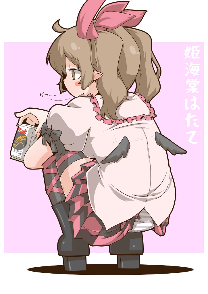 ahoge alcohol alternate_footwear beer beer_can blush boots brown_eyes brown_hair can character_name checkered checkered_skirt clothes_writing commentary_request cross-laced_legwear from_behind full_body geta himekaidou_hatate holding holding_can leg_hug looking_away mini_wings miniskirt panties pink_background pleated_skirt pointy_ears profile simple_background skirt skirt_lift solo squatting striped striped_panties tengu-geta thighhighs touhou translation_request two-tone_background underwear wardrobe_malfunction wings zannen_na_hito