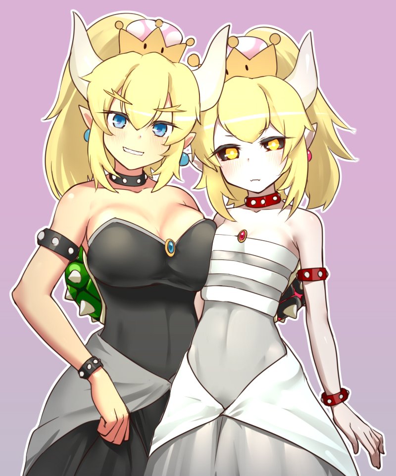 asymmetrical_docking bare_shoulders black_dress black_sclera blonde_hair blush bowsette bracelet breast_press character_request closed_mouth collar commentary_request crown dress dry_bowser eyebrows_visible_through_hair fangs_out flat_chest horns jewelry looking_at_viewer mario_(series) multiple_girls new_super_mario_bros._u_deluxe outline pale_skin pink_background pointy_ears ponytail simple_background smile spiked_bracelet spiked_collar spikes standing standing_on_one_leg super_crown super_mario_bros. uro_(oolong) white_dress white_outline yellow_eyes