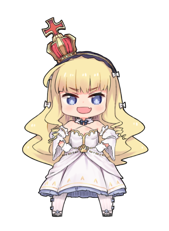 :d ahoge azur_lane bare_shoulders blonde_hair blue_bow blue_eyes blush bow chibi crown curly_hair detached_sleeves dress eyebrows_visible_through_hair fang gloves hair_bow long_hair looking_at_viewer mini_crown moru_(monaka) open_mouth queen_elizabeth_(azur_lane) simple_background smile solo standing v-shaped_eyebrows very_long_hair wavy_hair white_background white_bow white_dress white_gloves white_legwear