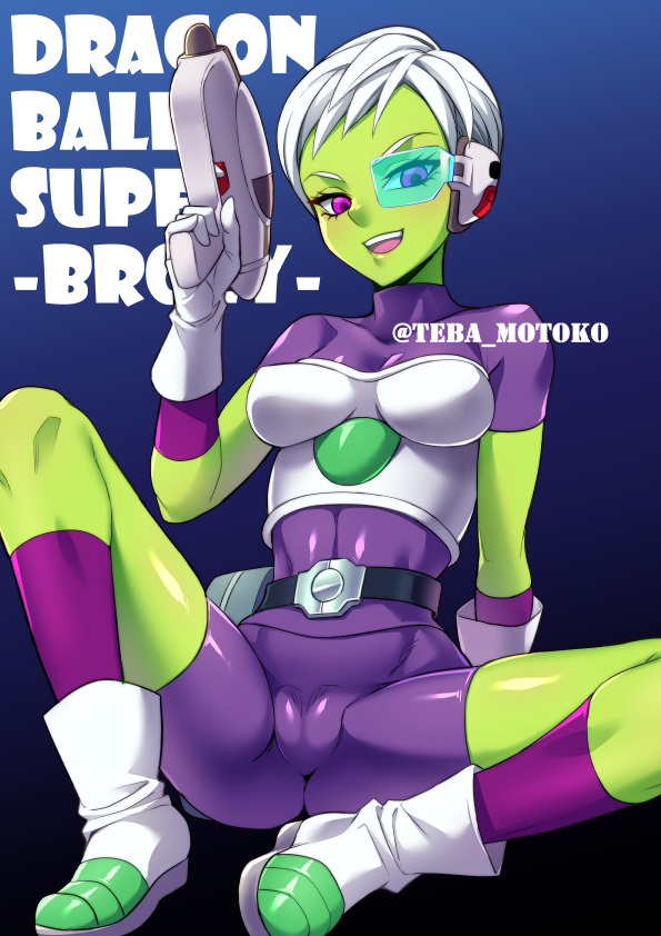 :d belt bike_shorts boots breasts cameltoe cheelai collarbone commentary_request copyright_name dragon_ball dragon_ball_super_broly gloves green_skin gun handgun looking_at_viewer medium_breasts open_mouth pistol purple_eyes scouter short_hair sitting smile solo teba_makoto twitter_username weapon white_footwear white_gloves white_hair