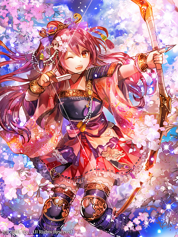 ;d arrow black_legwear bow bow_(weapon) bracelet breastplate floating_hair floral_print frilled_skirt frills hair_between_eyes hair_bow hair_ornament high_ponytail holding holding_arrow holding_bow_(weapon) holding_weapon japanese_clothes jewelry kimono long_hair miniskirt official_art one_eye_closed open_mouth pink_hair pink_kimono pleated_skirt print_kimono purple_bow red_eyes red_skirt rioka_(southern_blue_sky) seisen_cerberus shiny shiny_hair skirt smile solo standing thighhighs very_long_hair weapon wide_sleeves