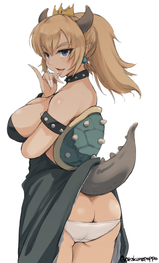 \m/ arakure ass bare_shoulders black_dress bowsette breast_hold breasts butt_crack cleavage commentary_request crown dress dress_lift earrings eyebrows fingernails from_side half-closed_eyes horns jewelry large_breasts mario_(series) new_super_mario_bros._u_deluxe open_mouth panties pointy_ears ponytail sharp_fingernails sharp_teeth simple_background skirt skirt_lift sleeveless sleeveless_dress smile solo strapless strapless_dress super_crown tail teeth twitter_username underwear white_background white_panties