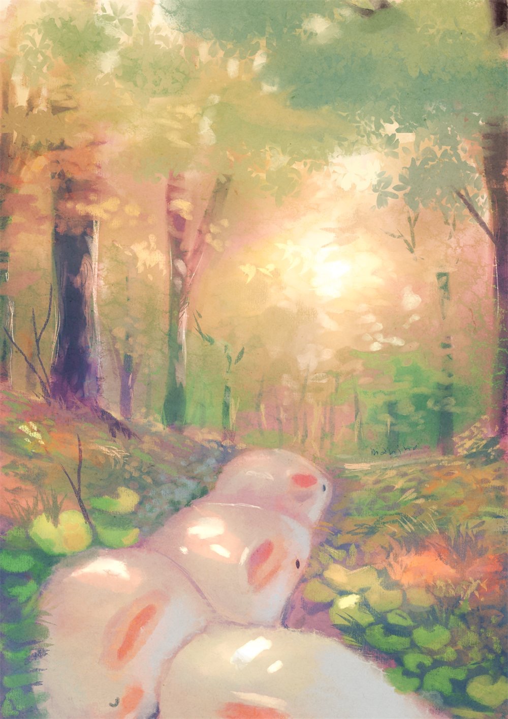 bunny closed_eyes commentary_request dappled_sunlight day forest grass highres manino_(mofuritaionaka) nature no_humans original outdoors scenery sepia sleeping solid_oval_eyes sunlight trail tree u_u