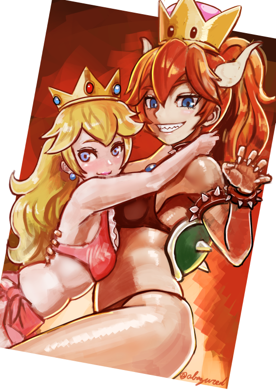 abazu-red alternate_color blonde_hair blue_eyes blush bowsette commentary_request crown fire looking_at_viewer mario_(series) multiple_girls navel new_super_mario_bros._u_deluxe panties ponytail princess_peach red_eyes red_hair smile super_crown super_mario_bros. underwear yuri