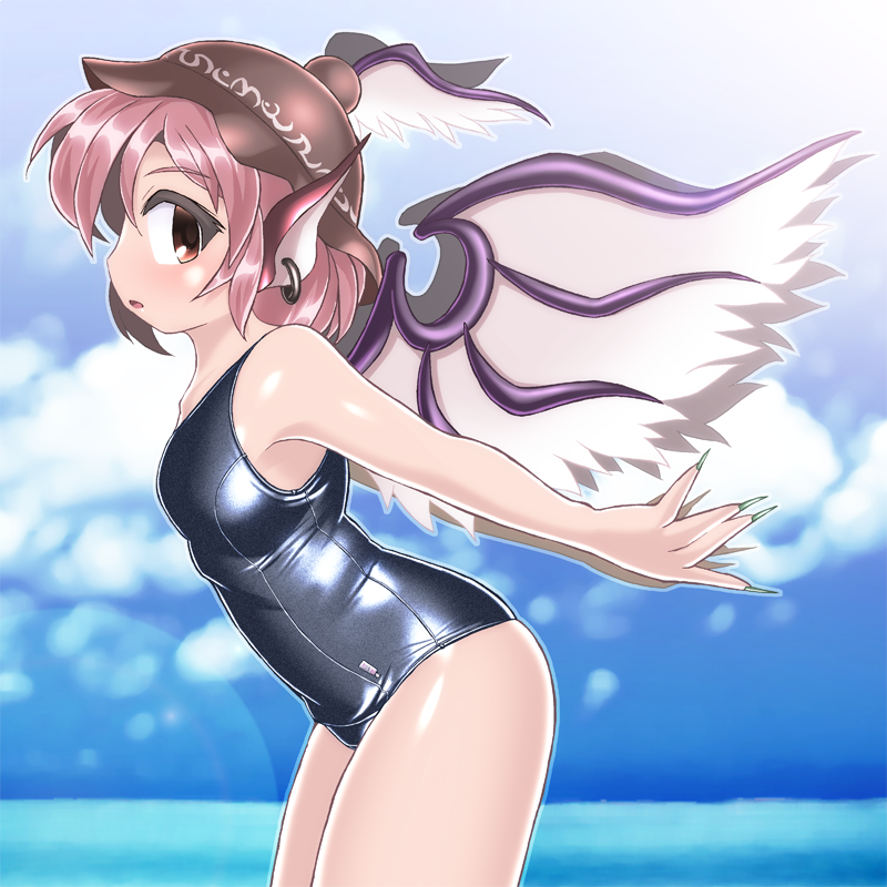 animal_ears arms_behind_back bangs bare_arms bird_wings blue_sky blue_swimsuit breasts brown_eyes brown_hat commentary_request cowboy_shot day feathered_wings fingernails from_side green_nails hat horizon jewelry leaning_forward lens_flare long_fingernails looking_at_viewer mob_cap mystia_lorelei nail_polish old_school_swimsuit one-piece_swimsuit open_mouth pink_hair profile school_swimsuit sharp_fingernails shiny shiny_clothes short_hair single_earring sky solo swimsuit touhou white_wings winged_hat wings winn