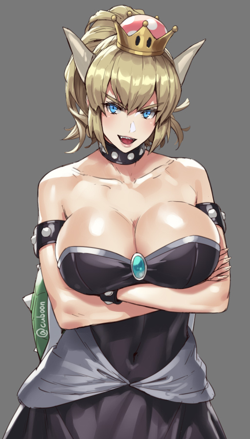 :d armlet bangs bare_shoulders black_dress blonde_hair blue_eyes bowsette bracelet breasts check_commentary collar collarbone commentary_request covered_navel crossed_arms crown cuboon dress gem grey_background horns jewelry large_breasts long_hair mario_(series) new_super_mario_bros._u_deluxe open_mouth ponytail sharp_teeth smile spiked_bracelet spiked_collar spikes super_crown super_mario_bros. teeth turtle_shell twitter_username v-shaped_eyebrows