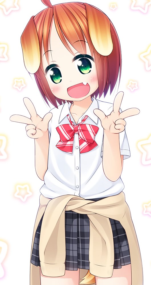 :d ahoge animal_ears bangs blush bow brown_cardigan brown_hair cardigan_around_waist clothes_around_waist collared_shirt commentary_request cowboy_shot diagonal_stripes dog_ears dog_girl dog_tail double_w dress_shirt eyebrows_visible_through_hair fang green_eyes grey_skirt hands_up head_tilt inuarashi looking_at_viewer meiko_(inuarashi) open_mouth original plaid plaid_skirt pleated_skirt red_bow shirt short_hair skirt smile solo standing star starry_background striped striped_bow tail w white_background white_shirt