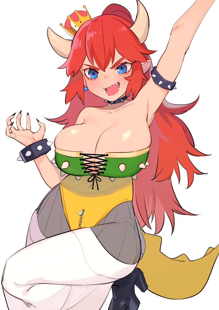 :d alternate_color alternate_costume armpit_crease armpits bangs bare_arms bare_shoulders black_collar black_footwear black_nails blue_eyes bowsette bracelet breasts bursting_breasts cleavage collar commentary corset cross-laced_clothes crotch_zipper crown fingernails hand_up high_heels horns jewelry juz large_breasts leotard lizard_tail long_fingernails long_hair looking_at_viewer mario_(series) nail_polish new_super_mario_bros._u_deluxe open_mouth pants pantyhose pointy_ears princess red_hair sagging_breasts see-through see-through_silhouette sharp_fingernails sharp_teeth shiny shiny_skin simple_background skindentation smile solo spiked_armlet spiked_bracelet spiked_collar spikes standing standing_on_one_leg super_crown tail teeth thick_eyebrows tilted_headwear very_long_hair white_background zipper zipper_pull_tab