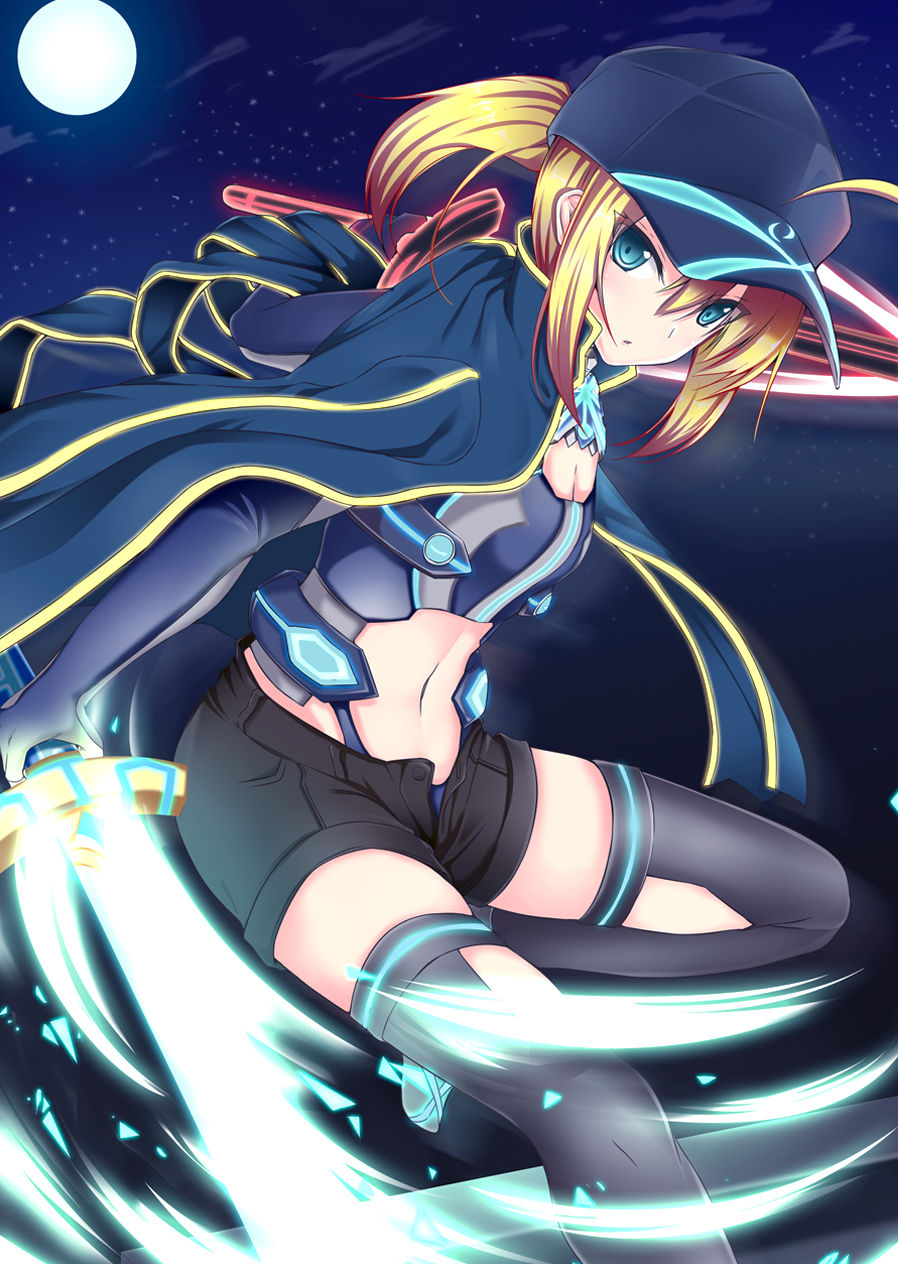 :o artoria_pendragon_(all) blonde_hair blue_eyes blush breasts cleavage commentary_request fate/grand_order fate_(series) full_body hair_between_eyes highres long_hair looking_at_viewer medium_breasts mysterious_heroine_x navel shorts shrug_(clothing) solo star_(sky) thighhighs yuu_(oosakazaijyuu)