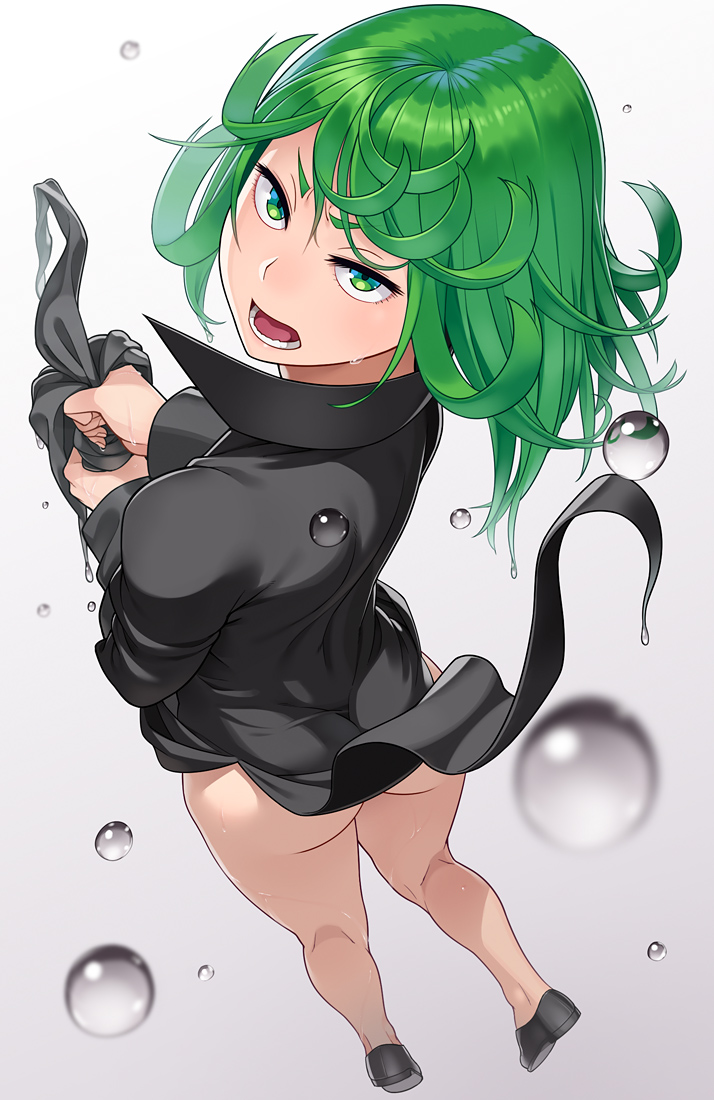 ass blush go_robots green_eyes green_hair looking_at_viewer looking_back md5_mismatch no_panties one-punch_man open_mouth short_hair simple_background solo tatsumaki wet wet_clothes white_background