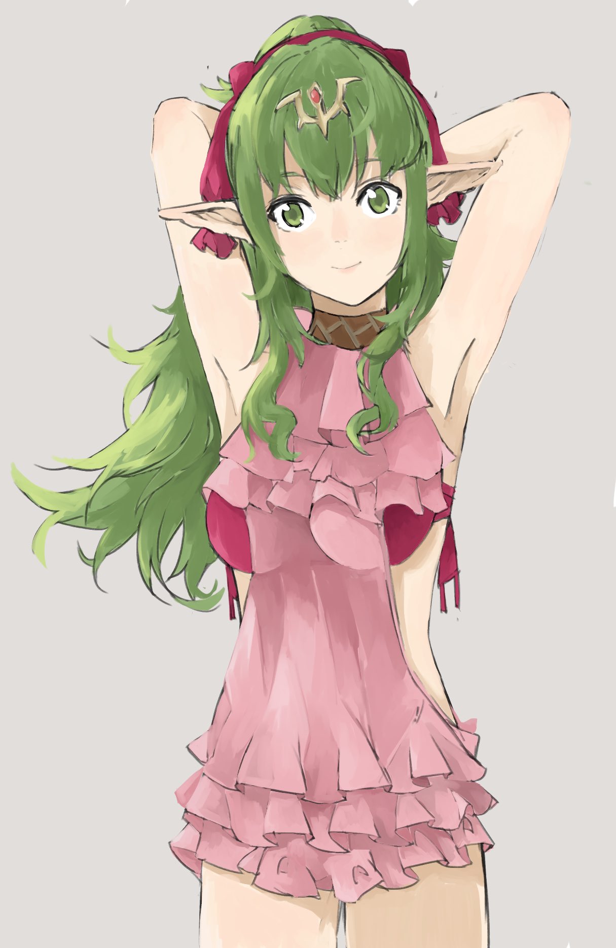 armpits arms_up chiki chiki_(cosplay) closed_mouth commentary_request cosplay fire_emblem fire_emblem:_kakusei fire_emblem:_monshou_no_nazo fire_emblem_heroes green_eyes green_hair grey_background hair_ribbon highres long_hair mamkute pink_swimsuit pointy_ears ponytail ribbon sakuuremi simple_background smile solo swimsuit tiara