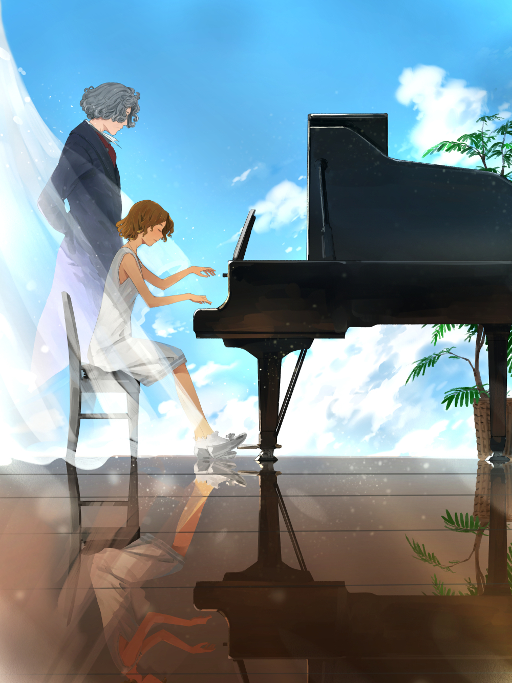 1girl bare_arms bare_shoulders blue_coat blue_sky brown_hair chair closed_eyes closed_mouth commentary_request curtains day dress from_side grey_footwear grey_hair highres instrument long_sleeves music original piano plant playing_instrument playing_piano potted_plant profile shoes short_dress short_hair sitting sky smile socks somehira_katsu white_dress white_legwear