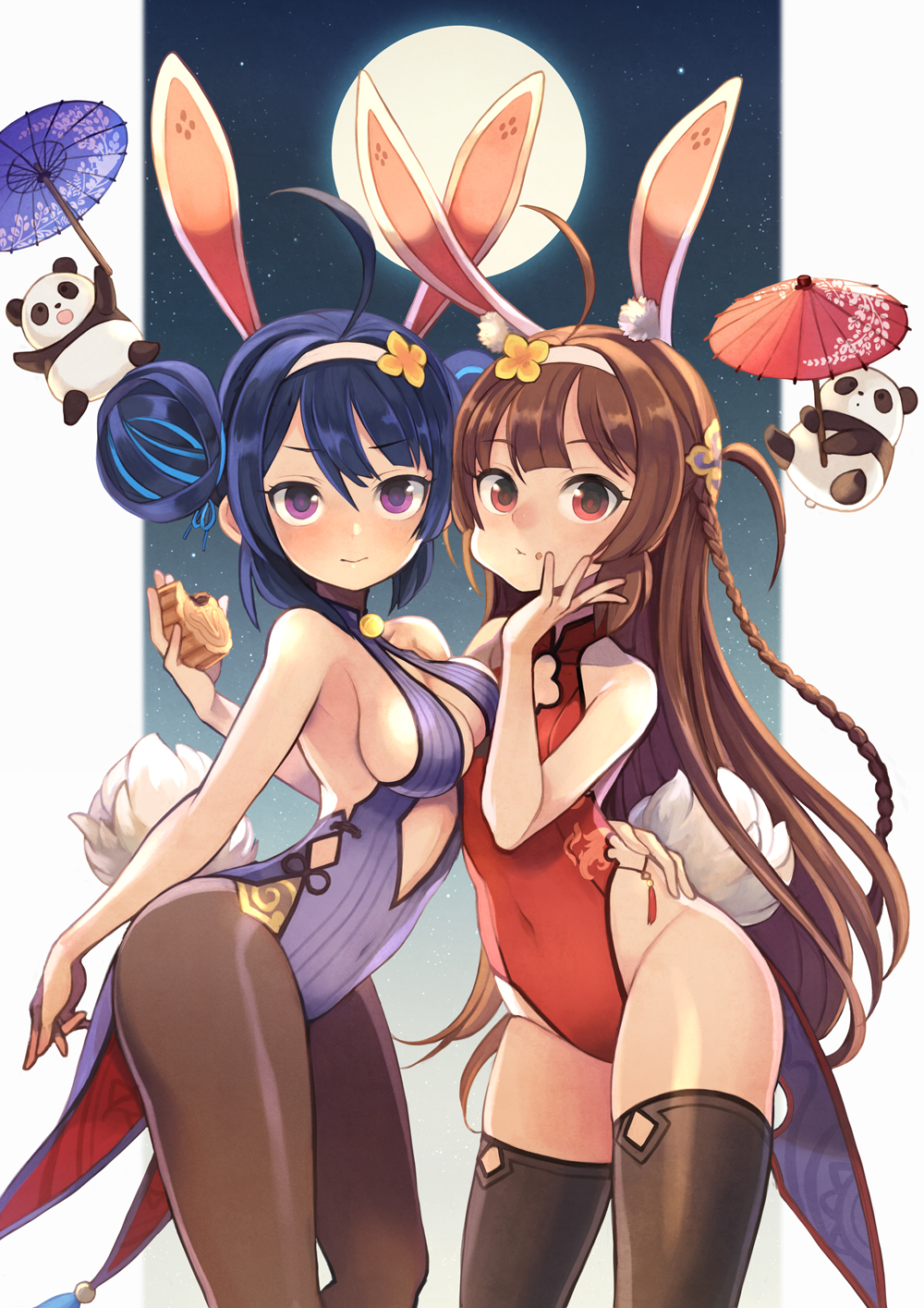 ahoge animal_ears arched_back azur_lane bangs bare_shoulders blush breasts brown_hair brown_legwear bunny_ears bunny_girl bunny_tail bunnysuit china_dress chinese_clothes cleavage cleavage_cutout closed_mouth collarbone commentary_request covered_navel cowboy_shot dress eating eyebrows_visible_through_hair fake_animal_ears food food_in_mouth food_on_face full_moon gradient gradient_background hair_between_eyes hair_rings hairband hairpods halterneck highleg highleg_leotard highres hips leaning_forward leotard long_hair looking_at_viewer medium_breasts moon multiple_girls night night_sky ning_hai_(azur_lane) nose_blush oriental_umbrella outline outside_border panda pantyhose ping_hai_(azur_lane) purple_dress purple_eyes purple_leotard red_dress red_eyes red_leotard sideboob sky small_breasts star_(sky) starry_sky tail thighhighs thighs turtleneck twintails umbrella white_hairband wrist_cuffs yuko_(uc_yuk)