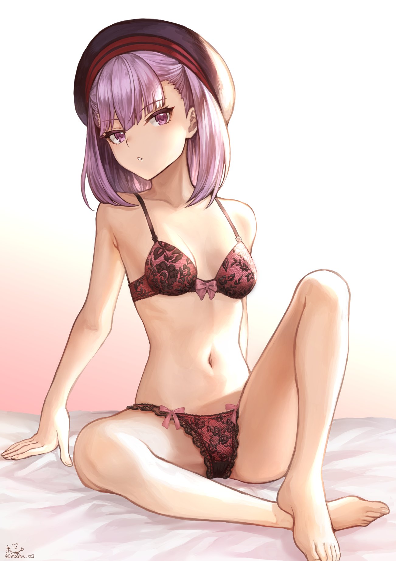 arm_support bangs bare_arms bare_legs bare_shoulders barefoot bed bed_sheet black_hat blush bra breasts cleavage collarbone commentary eyebrows_visible_through_hair fate/grand_order fate_(series) floral_print gradient gradient_background groin hat head_tilt helena_blavatsky_(fate/grand_order) highres lingerie looking_at_viewer mashu_003 navel panties purple_bra purple_eyes purple_hair purple_panties rose_print short_hair signature sitting small_breasts solo stomach thighs toes twitter_username underwear underwear_only