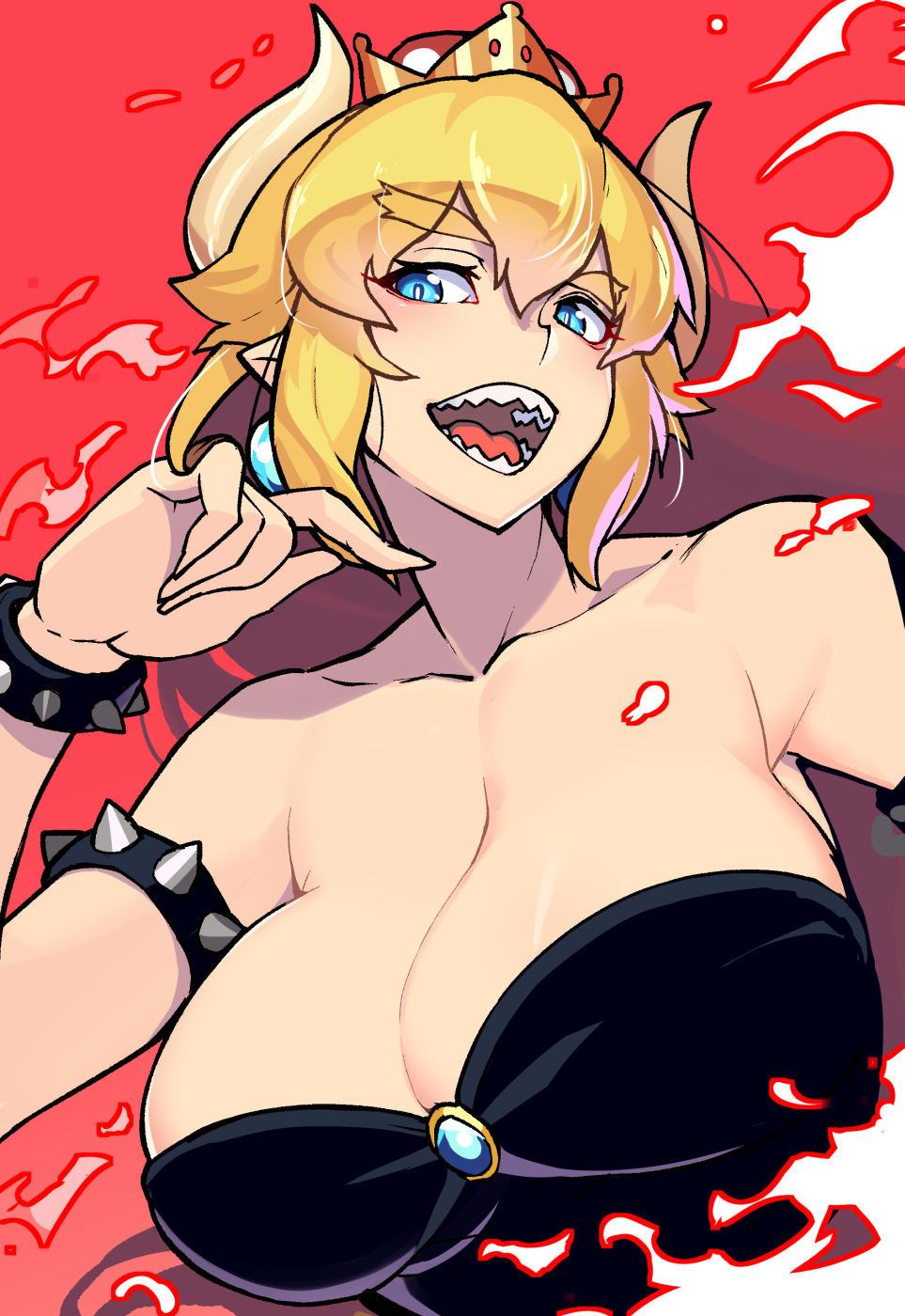 :d armlet bangs bare_shoulders black_dress blonde_hair blue_eyes blush bowsette bracelet breasts brooch cleavage collarbone commentary_request cropped_torso crown dress earrings eyebrows_visible_through_hair fire flame hair_between_eyes hand_up highres horns jewelry large_breasts long_hair looking_at_viewer mario_(series) mini_crown new_super_mario_bros._u_deluxe open_mouth pointy_ears red_background sharp_teeth sidelocks simple_background smile solo spiked_armlet spiked_bracelet spikes strapless strapless_dress super_crown taketora_suzume teeth thick_eyebrows upper_body