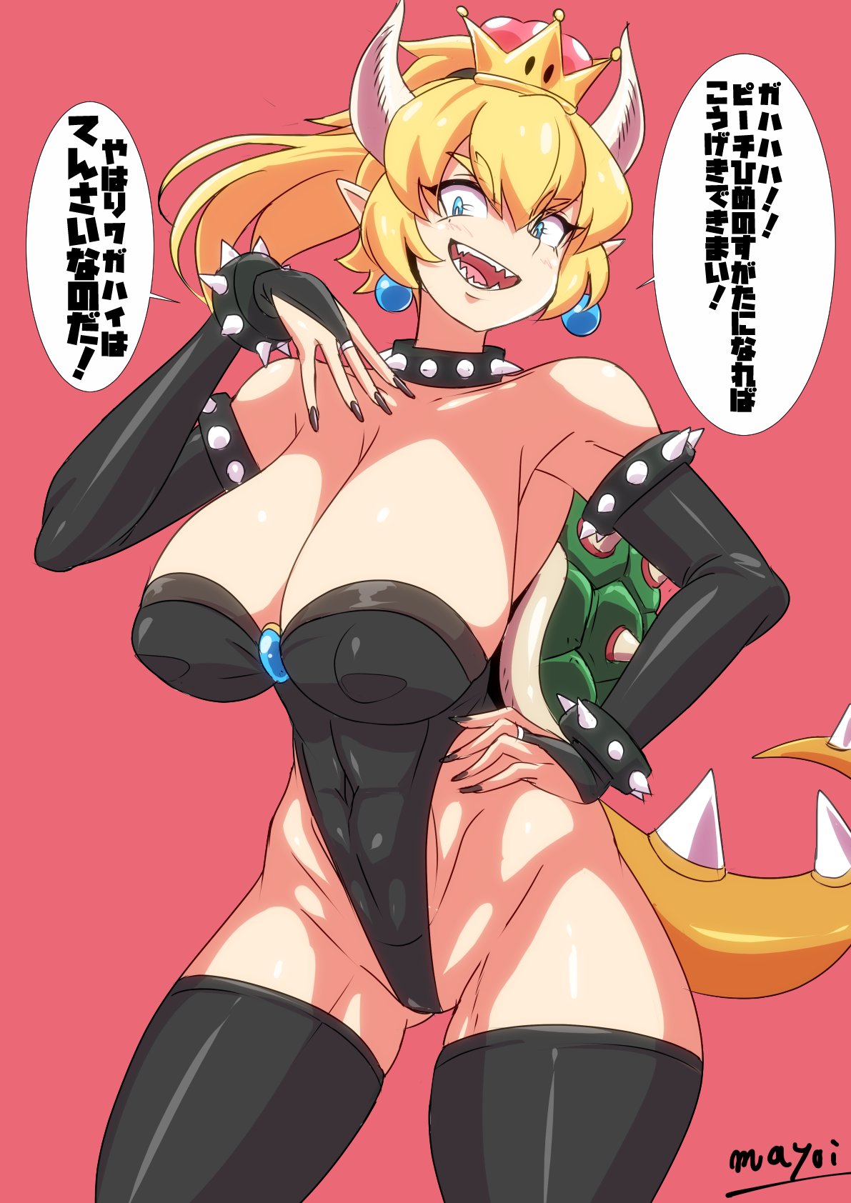 1girl black_legwear blue_eyes bowsette breasts crown earrings gluteal_fold highres horns huge_breasts jewelry lizard_tail mario_(series) nintendo signature tail thighhighs