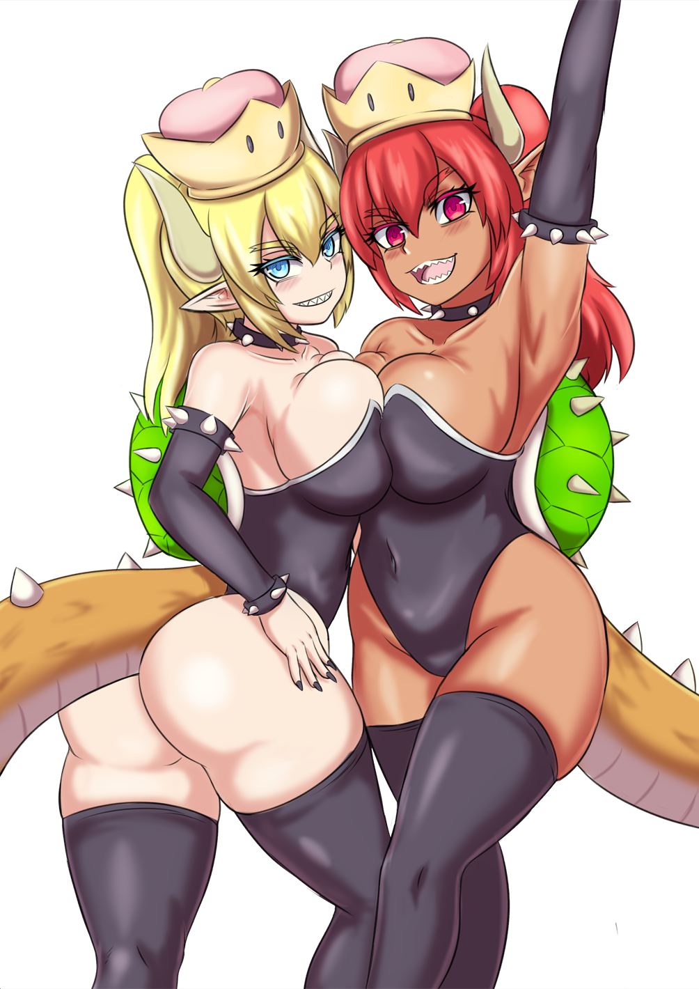 :d alternate_color arm_up armpits ass bare_shoulders black_legwear black_nails blonde_hair blue_eyes bowsette breast_press breasts collar commentary covered_navel crown dark_skin detached_sleeves dual_persona eyebrows_visible_through_hair eyes_visible_through_hair grin hair_between_eyes highres horns huge_breasts leotard looking_at_viewer mario_(series) multiple_girls nail_polish nav new_super_mario_bros._u_deluxe open_mouth pink_eyes pointy_ears ponytail red_hair sharp_teeth simple_background smile spiked_collar spiked_tail spikes super_crown super_mario_bros. symmetrical_docking tail teeth thick_eyebrows thighhighs turtle_shell white_background