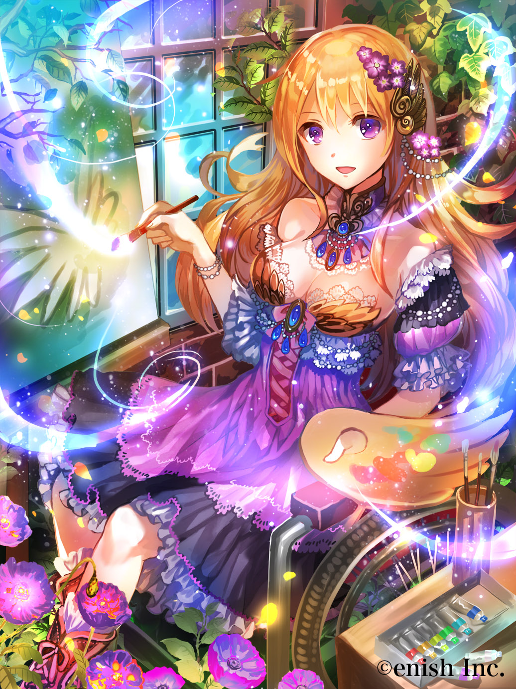 :d arm_strap blonde_hair bracelet breasts choker cleavage dragon_tactics dress floating_hair flower frilled_dress frills hair_between_eyes hair_ornament highres holding_brush jewelry long_hair medium_breasts official_art open_mouth purple_eyes purple_flower rioka_(southern_blue_sky) shiny shiny_hair short_dress sitting sleeveless sleeveless_dress smile solo strapless strapless_dress very_long_hair wheelchair