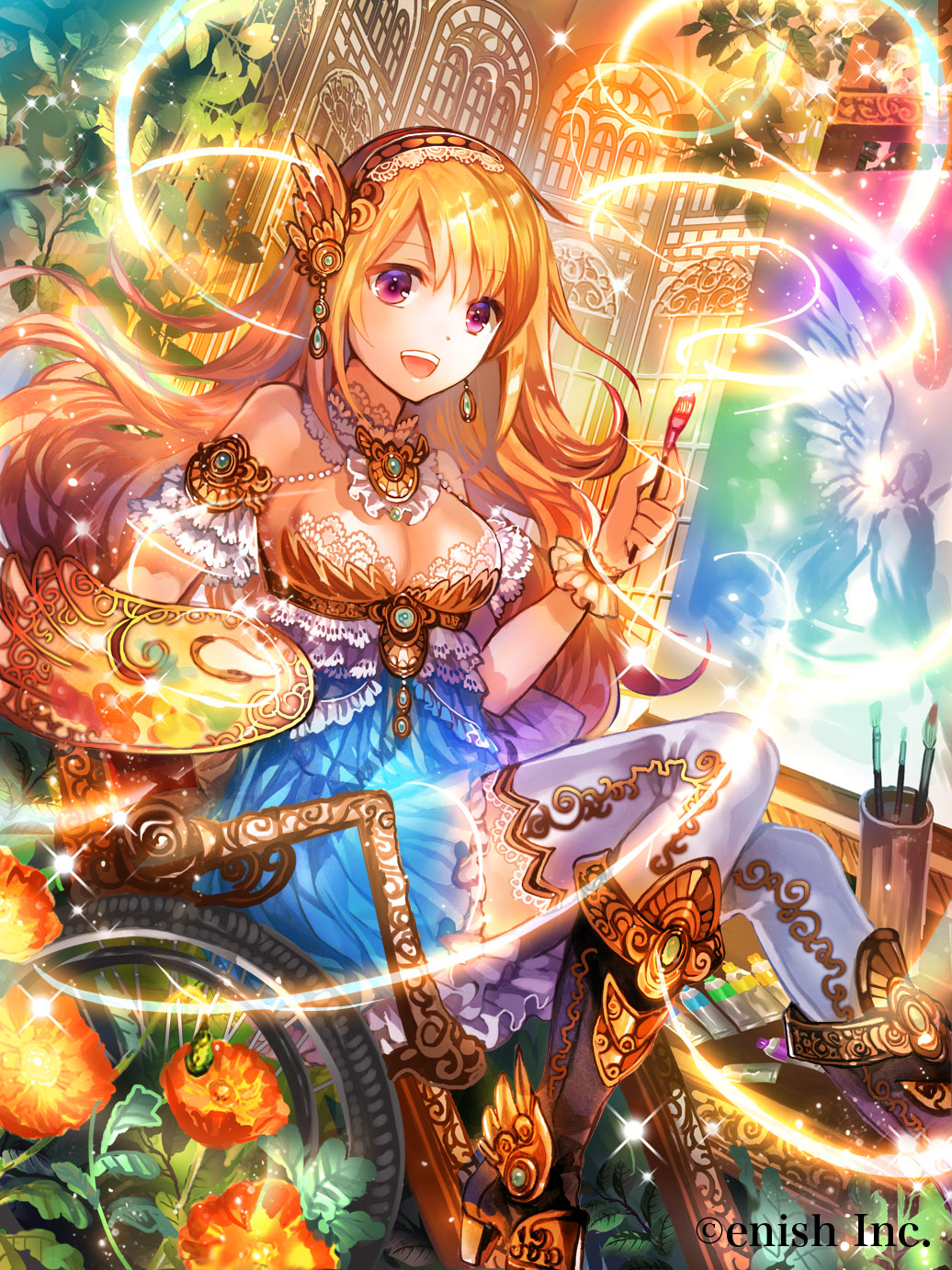 :d arm_strap black_footwear blonde_hair blue_dress breasts choker cleavage dragon_tactics dress earrings floating_hair frilled_dress frills hairband highres holding jewelry long_hair medium_breasts official_art open_mouth purple_eyes rioka_(southern_blue_sky) short_dress sitting smile solo strapless thighhighs very_long_hair wheelchair white_legwear zettai_ryouiki