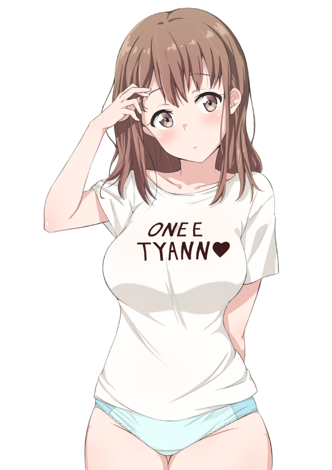 arm_behind_back blue_panties blush breasts brown_eyes brown_hair clothes_writing commentary_request hand_up long_hair looking_at_viewer medium_breasts nakasima-syouta no_pants original panties romaji shirt simple_background solo standing t-shirt underwear white_background white_shirt
